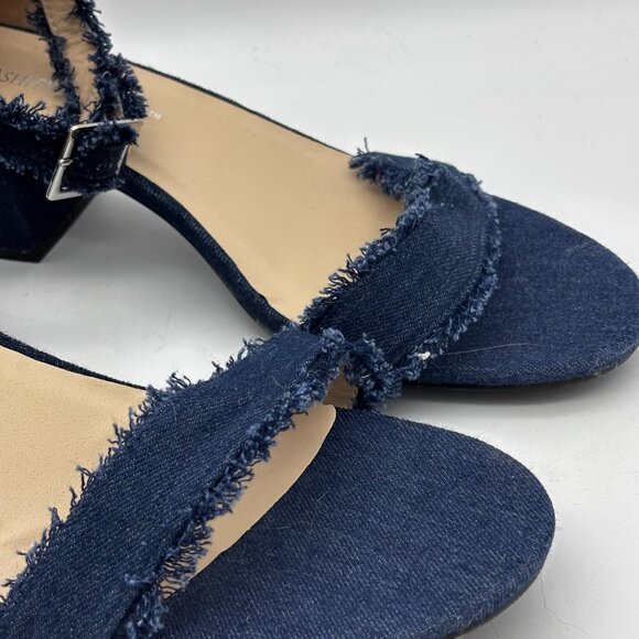 Ashley Stewart Blue Denim Fringe Block Heel Open Toe Sandals Buckle Strap Y2K 11 - Picture 2 of 6